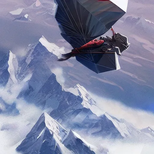 Prompt: a hangglider flying off the top of mount everest, digital painting, artstation, concept art, smooth, sharp focus, illustration, art by artgerm and greg rutkowski and alphonse mucha