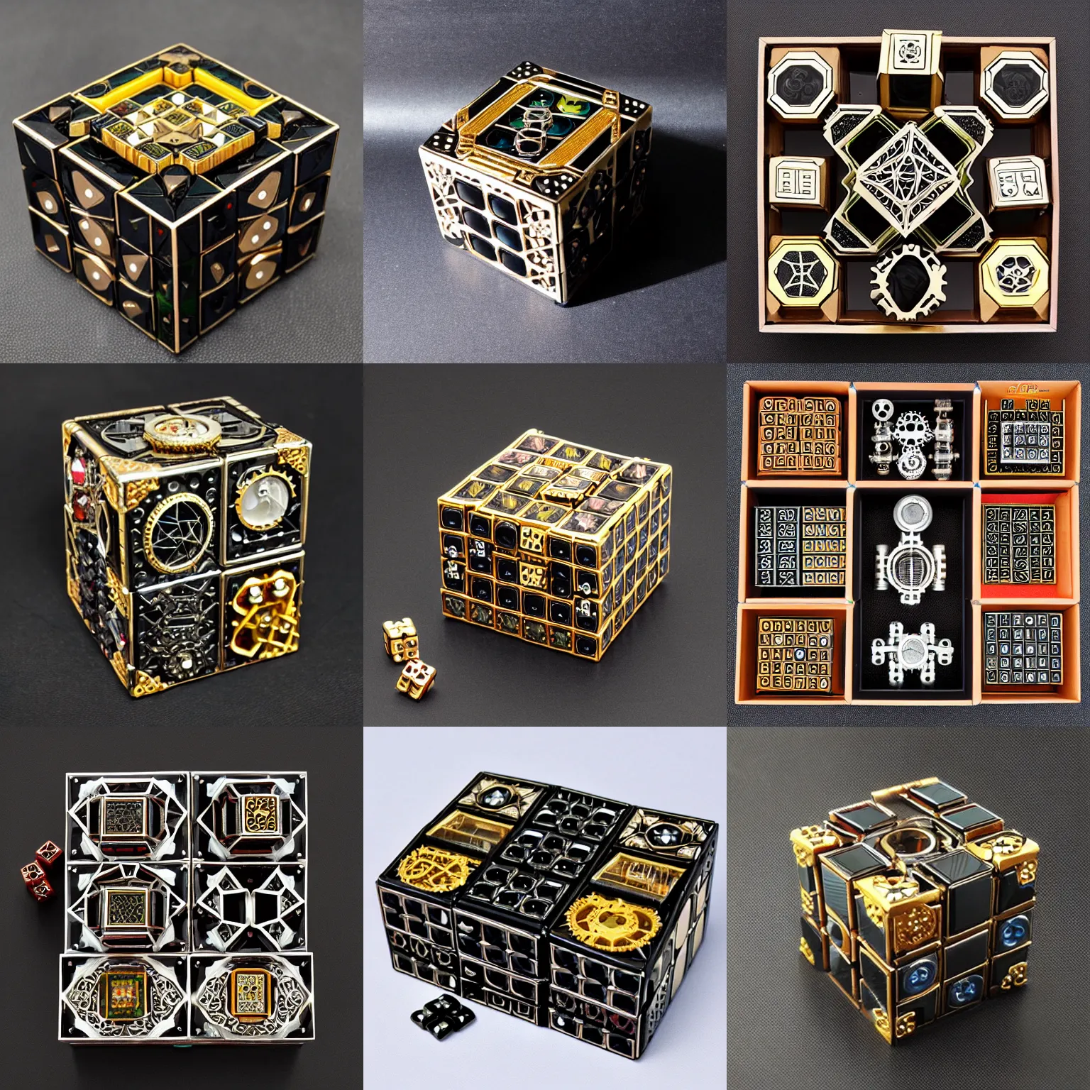Prompt: mechanigma puzzle box, faberge, lament configuration, kundan technique, steampunk rubiks cube, black onyx, horadric cube