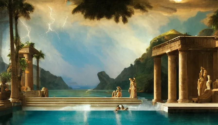 Image similar to A pool inside the giant Palace, mediterranean balustrade and columns, refracted lines and sparkles, thunderstorm, greek pool, beach and Tropical vegetation on the background major arcana sky and occult symbols, by paul delaroche, hyperrealistic 4k uhd, award-winning, very detailed paradise