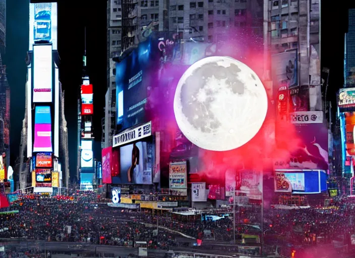 Image similar to film still of the moon shattering into pieces over time square in the new disaster movie, 8 k, night time