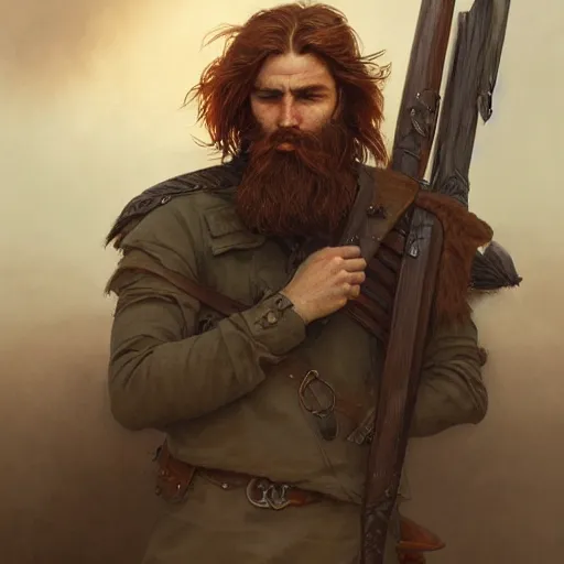 Image similar to portrait of a rugged ranger, 25 years old, beard, male, masculine, upper body, red hair, long hair, soft hair, D&D, fantasy, intricate, elegant, highly detailed, digital painting, artstation, concept art, matte, sharp focus, illustration, art by Artgerm and Greg Rutkowski and Alphonse Mucha