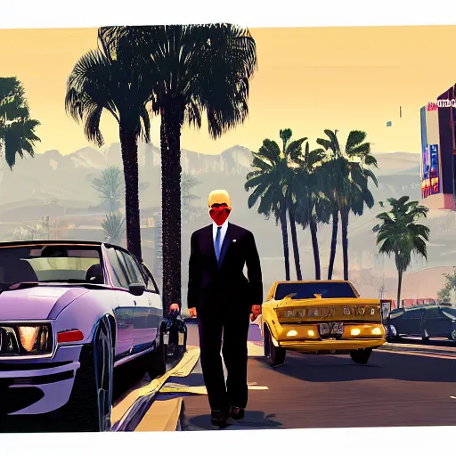 Image similar to Joe Biden in GTA V. Los Santos in the background, palm trees. In the art style of Stephen Bliss