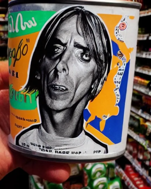 Image similar to a hand holding a tall soda can with iggy pop's face on the label, inside a supermarket