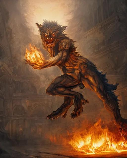 Prompt: A epic and beautiful rococo painting of a werewolf inside a burning cathedral. demon slayer style. ultra-detailed. Anime, pixiv, UHD 8K CryEngine, octane render