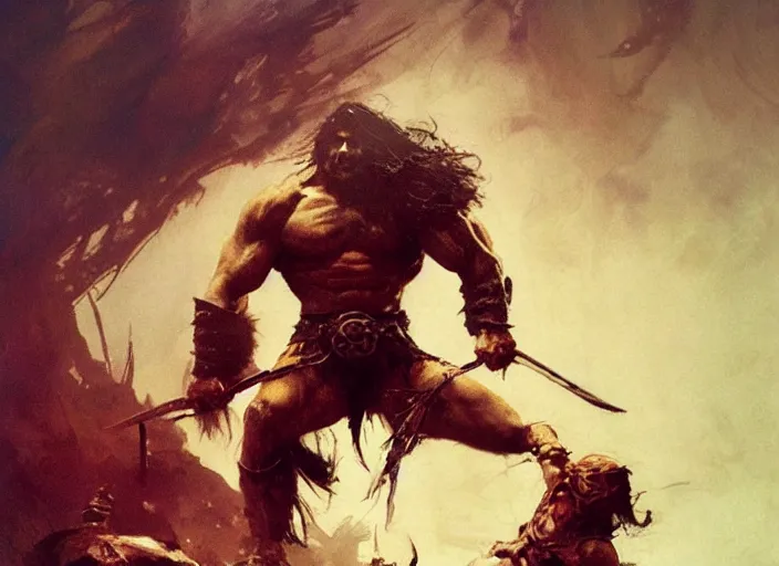 Image similar to conan the barbarian, intricate, elegant, highly detailed, vivid colors, john park, frazetta, sparth, ruan jia, jeffrey catherine jones