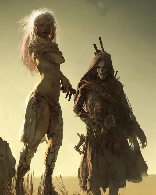 Prompt: hyper realistic photo of postapocalyptic albino nomad girl, full body, cinematic, artstation, cgsociety, greg rutkowski, james gurney, mignola, craig mullins, brom, mucha, ghibli