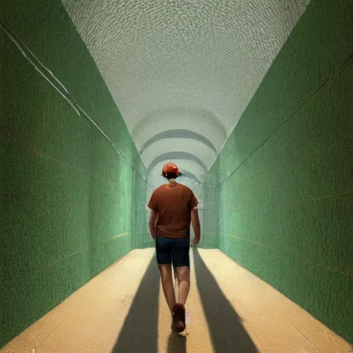 Prompt: A man in shorts and baseball cap walks down a very long, high walled tunnel, green floor, brown brick sides, long shadow, his back is turned, highly detailed, digital painting, artstation, concept art, smooth, sharp focus, illustration, art by greg rutkowski