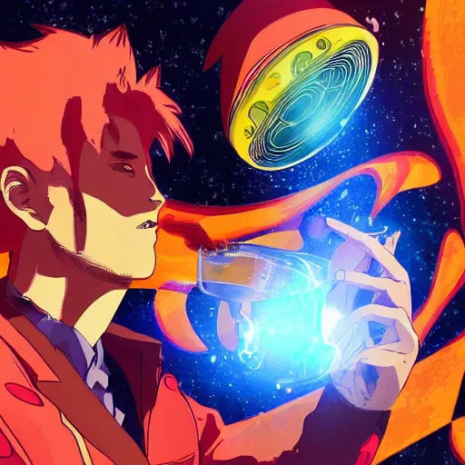 Image similar to A man drinking a cup of cosmic energy bright light by Masafumi Harada, 4k, digital art, surreal, anime style, space dandy style, highly detailed, godsend, artstation