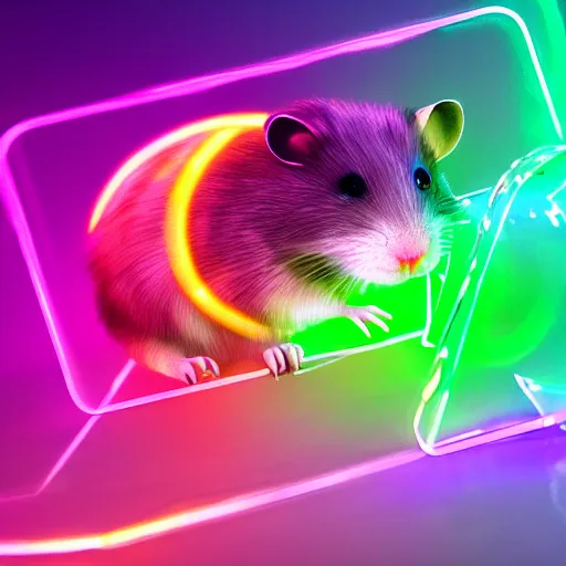 Image similar to cyberpunk hamster made of glowing neon lights holding a rainbow gem crystal, light reflection, 8 k, hd, logo