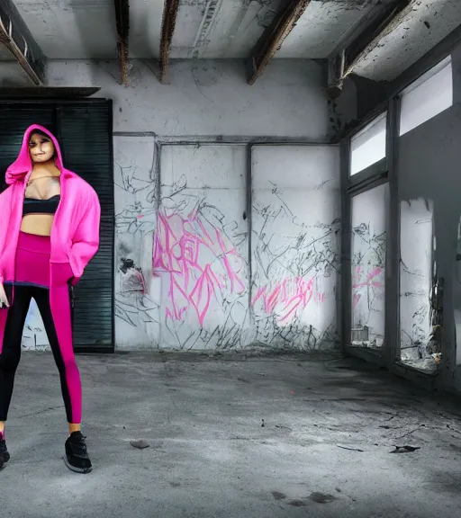 Image similar to kylie jenner doing graffiti in a derelict garage, dust mist, rear-shot, tight leggings with a pink hoody with hood up, mold, greenery, intricate, epic lighting, cinematic composition, hyper realistic, 8k resolution, unreal engine 5