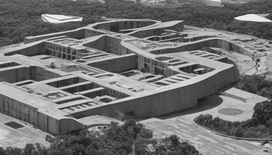 Image similar to big brutalist military base on clliffs, drawing architecture, very long shot, top angle, pritzker architecture prize, science fiction