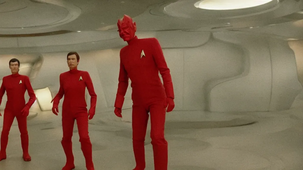 Image similar to giant monsters made of bananas, killing crew wearing red on star trek, film still from the movie directed by Denis Villeneuve with art direction by Salvador Dalí, wide lens