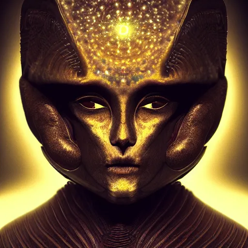 Image similar to portrait of an extraterrestrial creature, looking like a bird, renaissance style, star wars character, volumetric lights, symmetry, headpiece, trending on artstation, sharp focus, leica, studio photo, intricate details, highly detailed