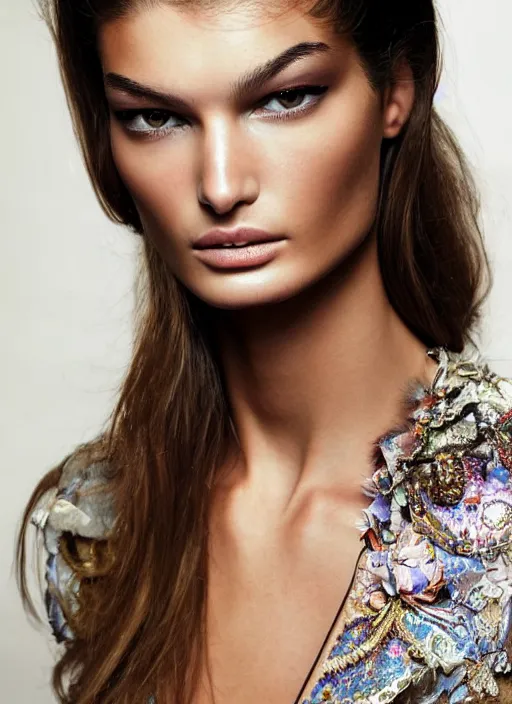 Image similar to A beautiful portrait of Ophelie Guillermand as a Versace fashion model Spring/Summer 2012, highly detailed, in the style of cinematic, Getty images, Milan fashion week backstage, Makeup by Pat McGrath, Greg rutkowski