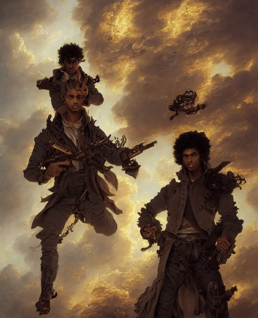 Image similar to a brown skinned male demon hunter with mid dark curly hair and a futuristic priest uniform, windy, he is holding a gun, stoic, modern, hes alone, maximalist fashion, cgsociety, hyperdetailed, dramatic, epic painting, painted by jean honore fragonard and greg rutkowski, full body, octane render, sharpness, 8 k, golden ratio