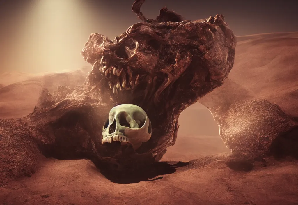 Image similar to eldritch alien skull in a dessert in mars, cinematic lighting, octane tender, volumetric light, dark - art