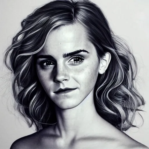 Image similar to emma watson with one hand in her hair, playing with her curls, hyperrealistic, artgerm