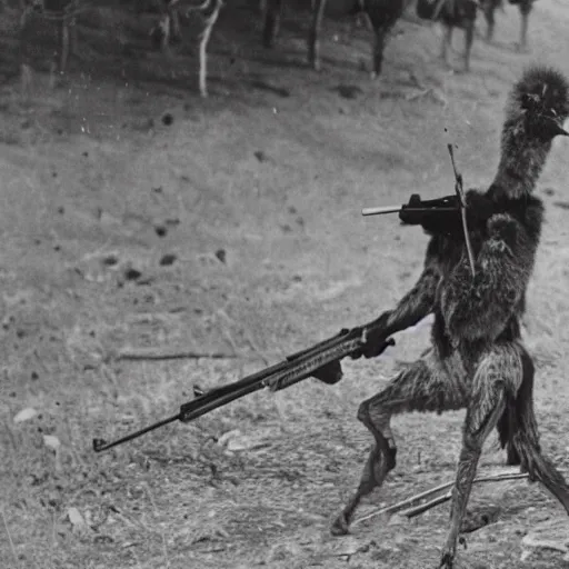 Image similar to emu soldier carrying firearms victorious at the fall of australia