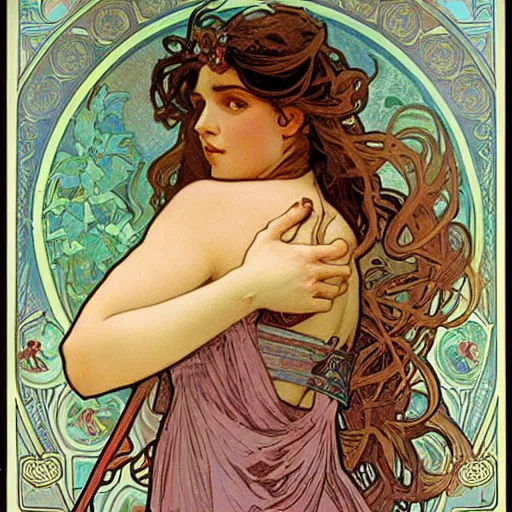 Prompt: hermione by alphonz mucha