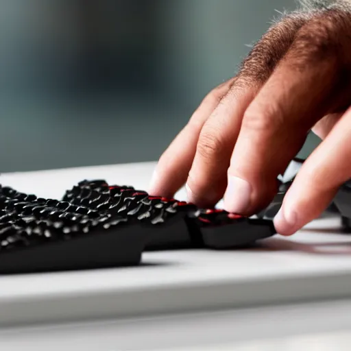 Prompt: Man holding a mechanical keyboard, close up portrait