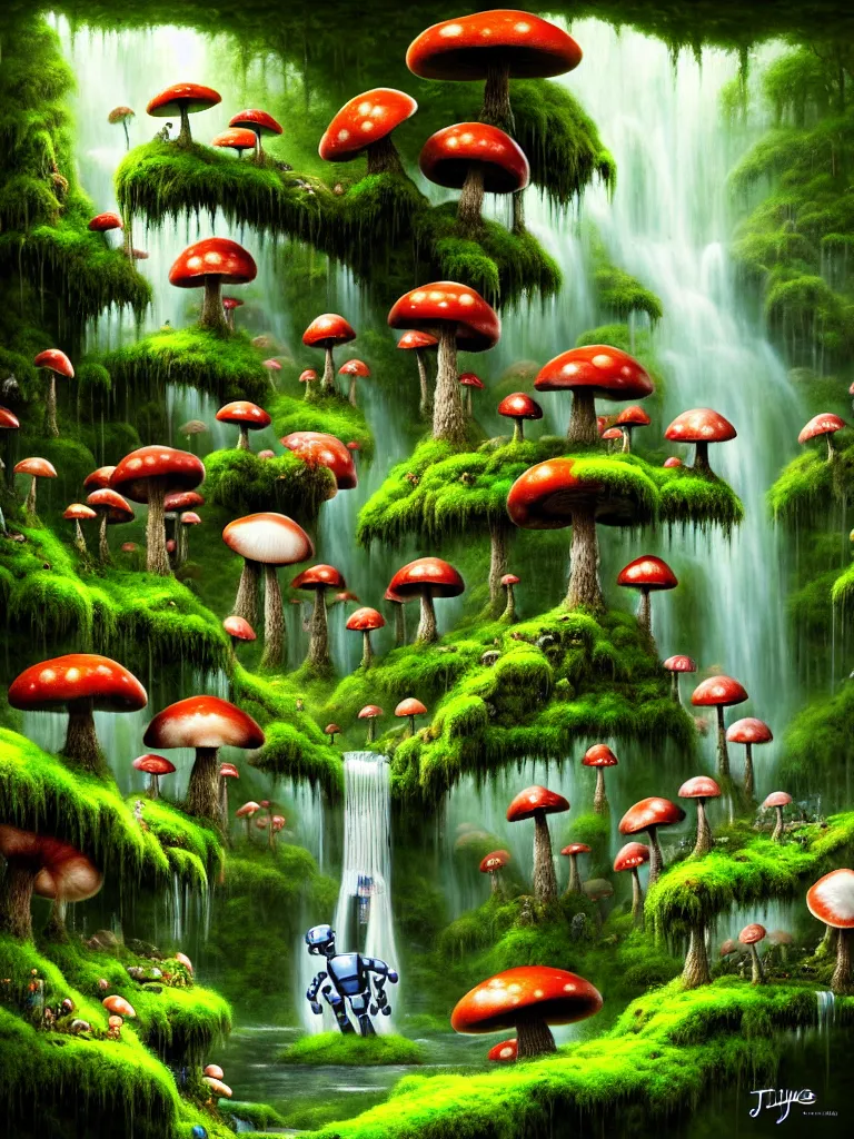 Prompt: future robot android primate in forrest of giant mushrooms, moss and flowers stone bridge waterfall. muted colors. by jean james mccarthy. by tim white. in the style of raffaello ossola. highly detailed. award winning. trending on artstation