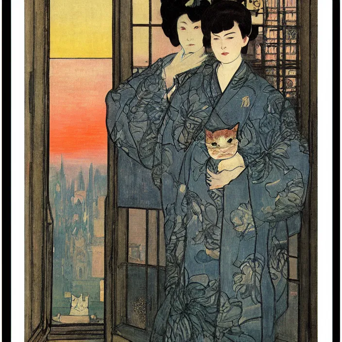 Prompt: portrait of sad woman in kimono and persian cat with city with gothic cathedral seen from a window frame with curtains. cloudy sunset. mikalojus konstantinas ciurlionis, henri de toulouse - lautrec, paul delvaux, utamaro, matisse, monet