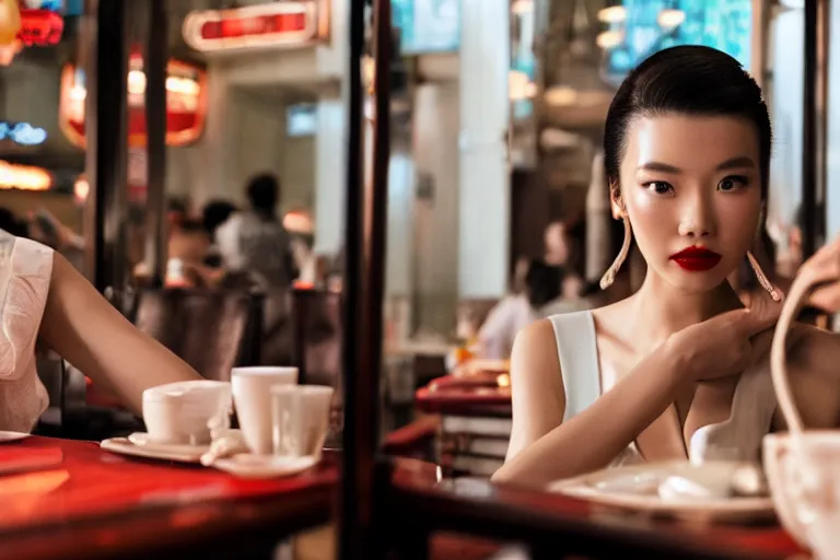 Image similar to movie interior closeup beautiful Chinese fashion model couple closeup joking at 50s diner, night in the city, beautiful skin, by Emmanuel Lubezki