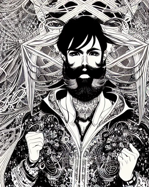 Image similar to hyper detailed illustration of a man with dark beard raving in a festival, intricate linework, lighting poster by moebius, ayami kojima, 9 0's anime, retro fantasy