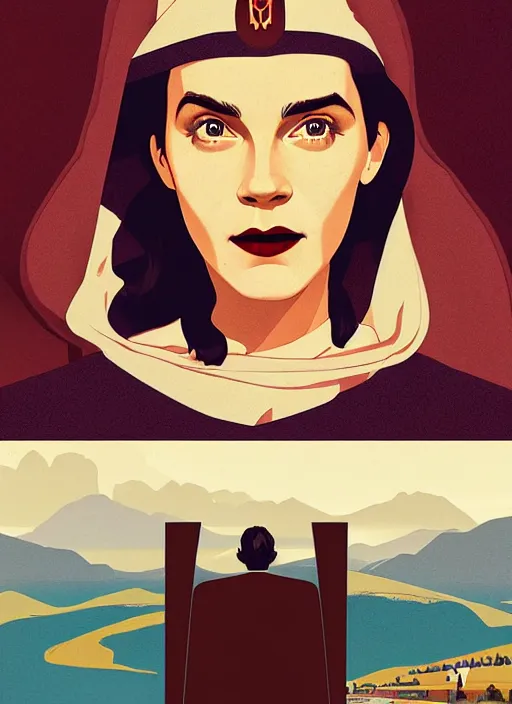 Prompt: Twin Peaks travel poster artwork by Olly Moss, Michael Whelan and Tomer Hanuka, Rendering of Emma Watson dressed a nun sitting at a diner booth, full of details, by Makoto Shinkai and thomas kinkade, Matte painting, trending on artstation and unreal engine