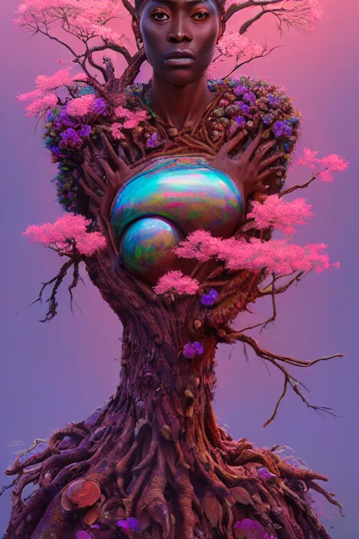 Image similar to hyperrealistic post - renaissance cinematic super expressive! yoruba goddess with exoskeleton armor, merging with tree in a forest, pink orange flowers, highly detailed digital art masterpiece, smooth cam de leon eric zener dramatic pearlescent soft teal light, ground angle hd 8 k, sharp focus