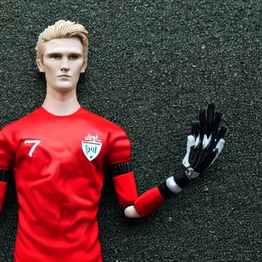 Image similar to a realistic detailed photo of a guy who is an attractive humanoid who is half robot and half humanoid, who is a male android, soccer player martin ødegaard, shiny skin, posing like a statue, blank stare, by the pool, on display, showing off his muscles, humanoid robot, frozen ice statue