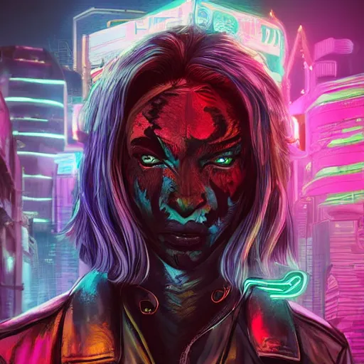 Image similar to a beautfiul award winning commission portrait of an anthro tiger in the neon cyberpunk city at night,wearing a leather jacket,glow effect,detailed face,photorealistic,character design by charles bowater,ross tran,deviantart,artstation,digital art,hyperdetailed,realistoc,western comic style,vfx,dramatic