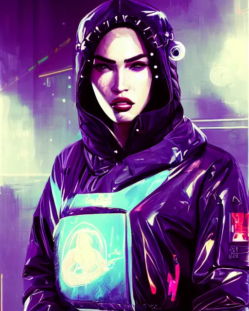 Image similar to detailed portrait megan fox neon operator girl cyberpunk futuristic neon reflective puffy coat, decorated with traditional japanese ornaments by ismail inceoglu dragan bibin hans thoma greg rutkowski alexandros pyromallis nekro rene margitte illustrated perfect face, fine details, realistic shaded, fine - face, pretty face