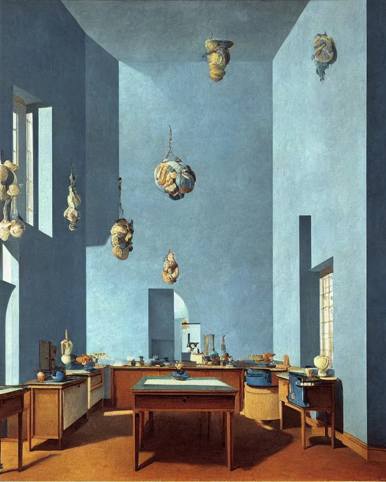 Image similar to achingly beautiful painting of a sophisticated kitchen on baby blue background by rene magritte, monet, and turner. giovanni battista piranesi.