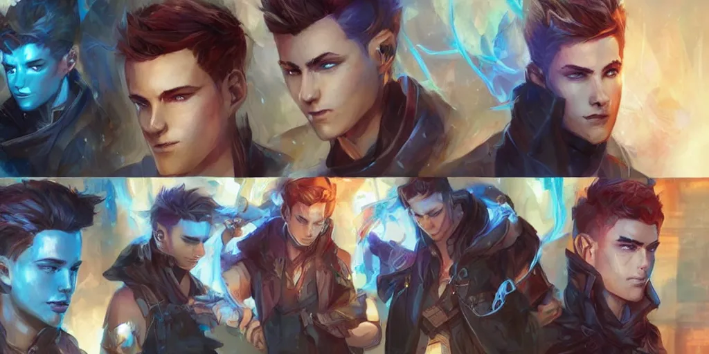 Image similar to concept art of young male netrunner d & d video game characters head designs, unique hair designs, by marc brunet and artgerm