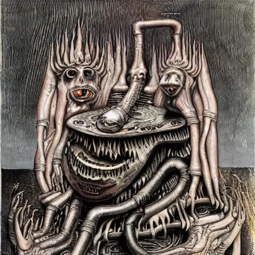 Image similar to monsters consumed transformed transmutation in a fiery alchemical cauldron painted by giger