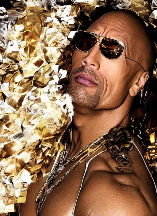 Prompt: dwayne johnson as beyonce styled by nick knight posing in an expensive mansion setting, vogue magazine, highly realistic. high resolution. highly detailed. dramatic. 8 k. 4 k.