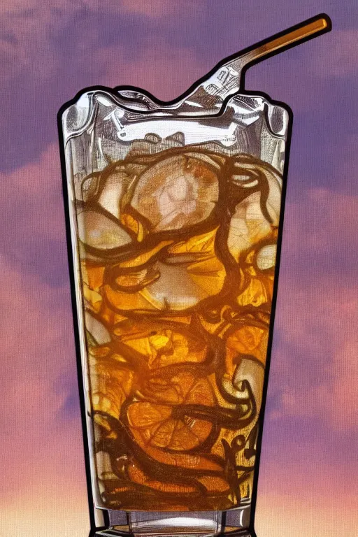 Prompt: ice - t head, trapped in tall iced tea glass, by alfons mucha, golden hour, realistic, body shot, sharp focus, 8 k high definition, insanely detailed, intricate, elegant, lemon, lime, ice cubes