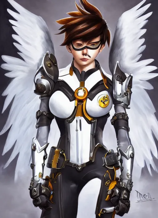 Image similar to full body artwork of tracer overwatch, wearing white steel armor outfit, in style of mark arian, angel wings, dramatic painting, wearing detailed leather collar, ornate highly detailed white shiny armor, chains, black harness, detailed face and eyes,