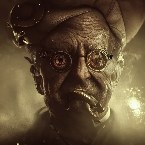 Image similar to a portrait of a steampunk elderly man as a demon on hell, dark, foggy, eerie, splash, sparkle, smoke, particles, octane render, unreal engine, artstation, digital art.