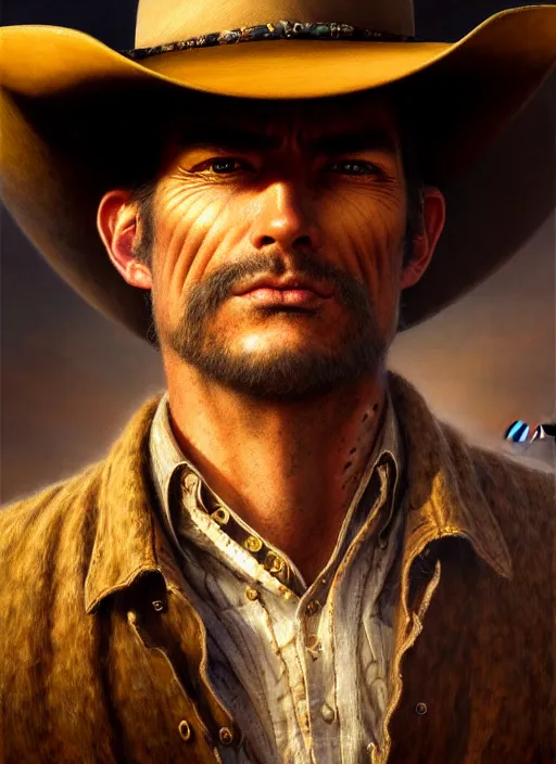 Image similar to closeup portrait shot of a western cowboy in a scenic western environment, intricate, elegant, highly detailed, centered, digital painting, artstation, concept art, smooth, sharp focus, illustration, artgerm, tomasz alen kopera, peter mohrbacher, donato giancola, joseph christian leyendecker, wlop, boris vallejo