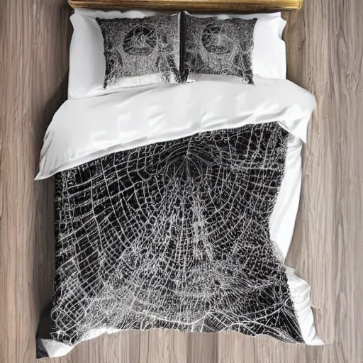 Image similar to bed made entirely of spider webs. pillow made of spider webs. blanket made of spider webs. detailed beautiful photography. intricate. photorealistic.