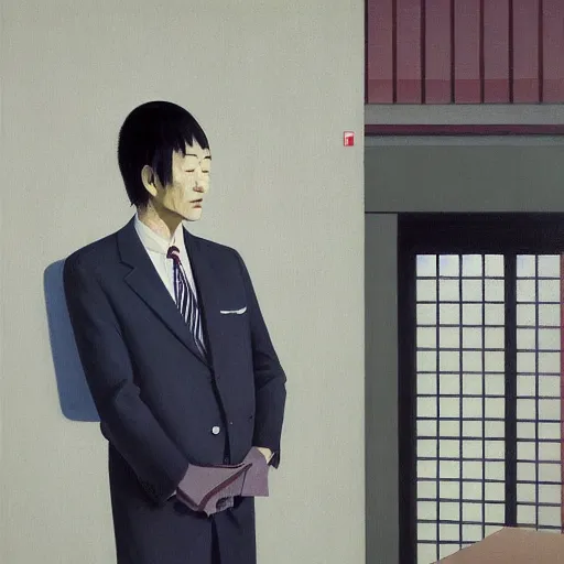 Prompt: Portrait of Japanese wearing a business suit , very coherent, painted by Edward Hopper, Wayne Barlowe, painted by James Gilleard, airbrush, art by JamesJean