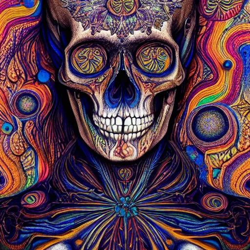 Image similar to An extremely psychedelic portrait of a skull, surreal, LSD, face, detailed, intricate, elegant, lithe, highly detailed, digital painting, artstation, concept art, smooth, sharp focus, illustration