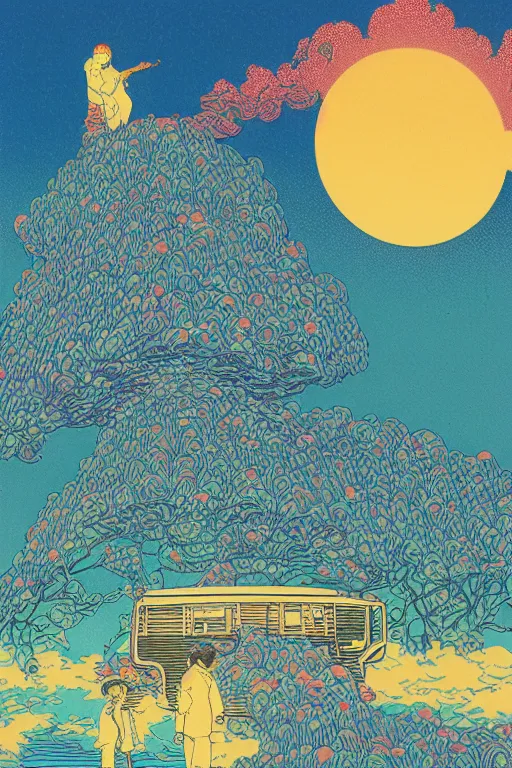 Image similar to a tab of LSD acid melting into a surreal psychedelic hallucination, risograph by kawase hasui, moebius and dan hillier, risograph, colorful flat design, hd, 8k, artstation