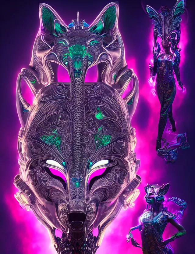 Prompt: 3 d goddess medium shot portrait with hyperdimensional totem implants. beautiful intricately detailed avante garde wolf mask and retrowave sorceress outfit. neon lizards, bio luminescent, water, plasma, creature, artwork by tooth wu and wlop and android jones and beetle and greg rutkowski