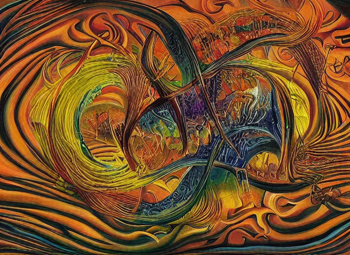 Prompt: a surreal painting titled'the parametric decisions of a fishes strange life made by soft thick flesh and burning wooden stick constructions - the clock of medusa'by salvador dali and max ernst, dramatic lighting, organic, hyperdetailed, vibrant, psychedelic, intricate fractal strands of gossamer quantum soup