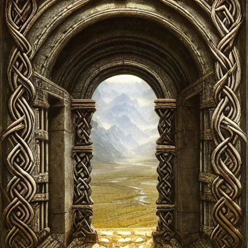 Image similar to a beautiful and highly detailed matte painting of an ancient celtic elven doorway to heavan, celtic knots, epic scale, insanely complex, hyperdetailed, sharp focus, hyperrealism, artstation, cgsociety, 8 k, by caspar friedrich, albert bierstadt, james gurney, brian froud,