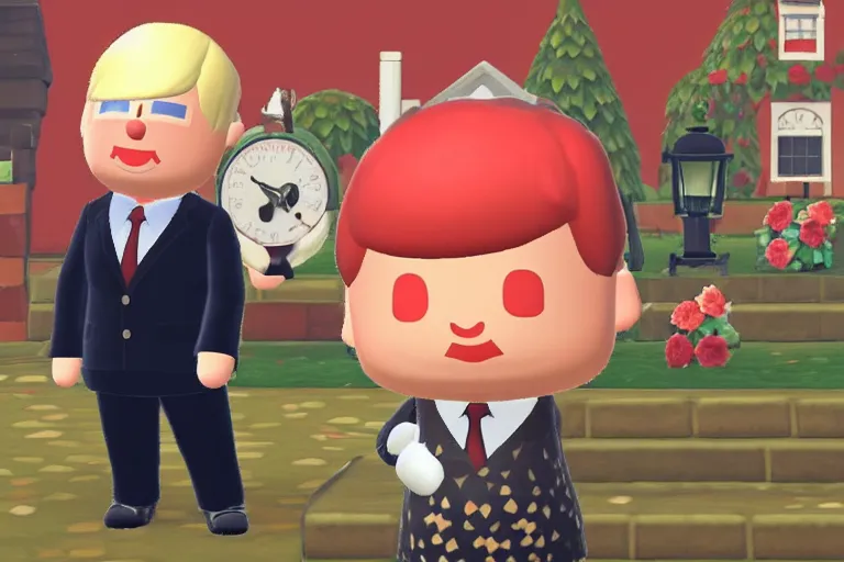 Image similar to boris johnson as an animal crossing villager. wearing a president suit