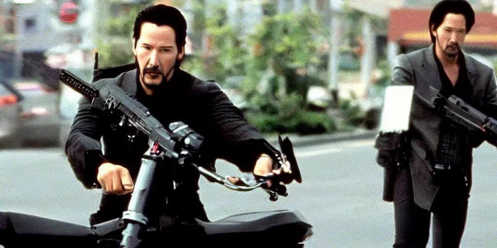 Prompt: beautiful hyperrealism three point perspective film still of Keanu Reeves as neo in bullet time aiming two uzi at agent smith in a nice oceanfront promenade motorcycle chase scene in Matrix meets kagemusha(1990) extreme closeup portrait in style of 1990s frontiers in translucent porclein miniature street photography seinen manga fashion edition,, tilt shift style scene background, soft lighting, Kodak Portra 400, cinematic style, telephoto by Emmanuel Lubezki